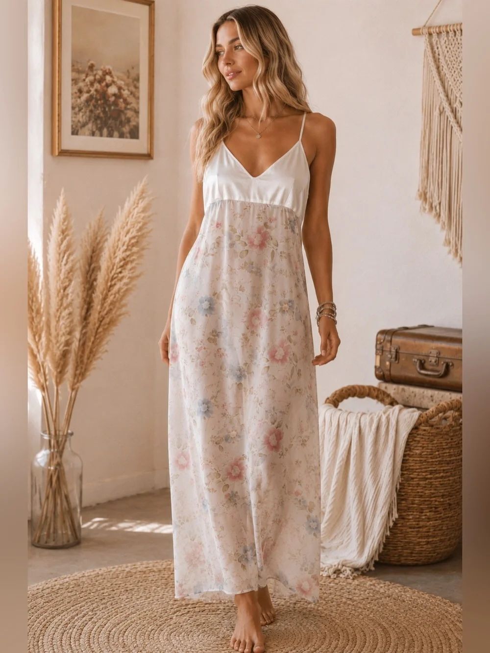 90sโFloral Slip Maxi Dress in White with Pastel Flowers
